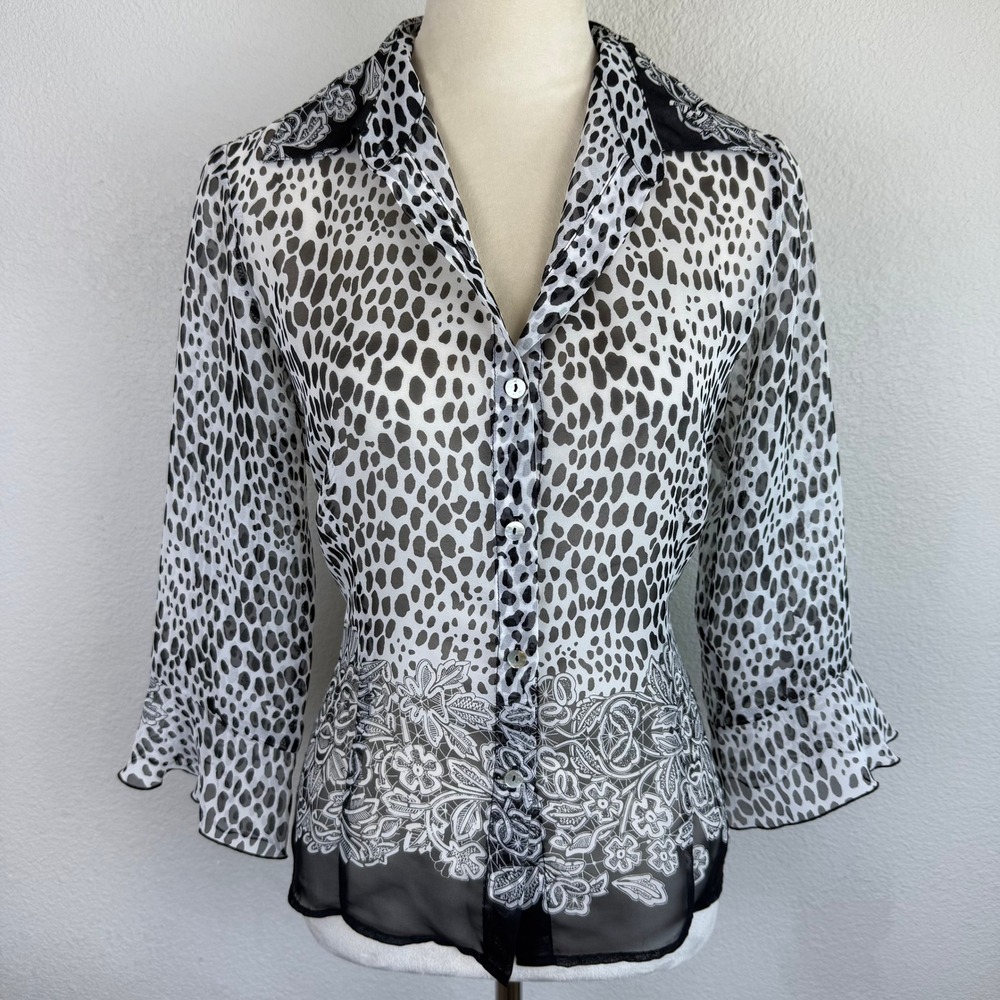 Nicola Sheer Button‎ Up Top Black White Animal Print Floral Ruffle Sleeve Blouse